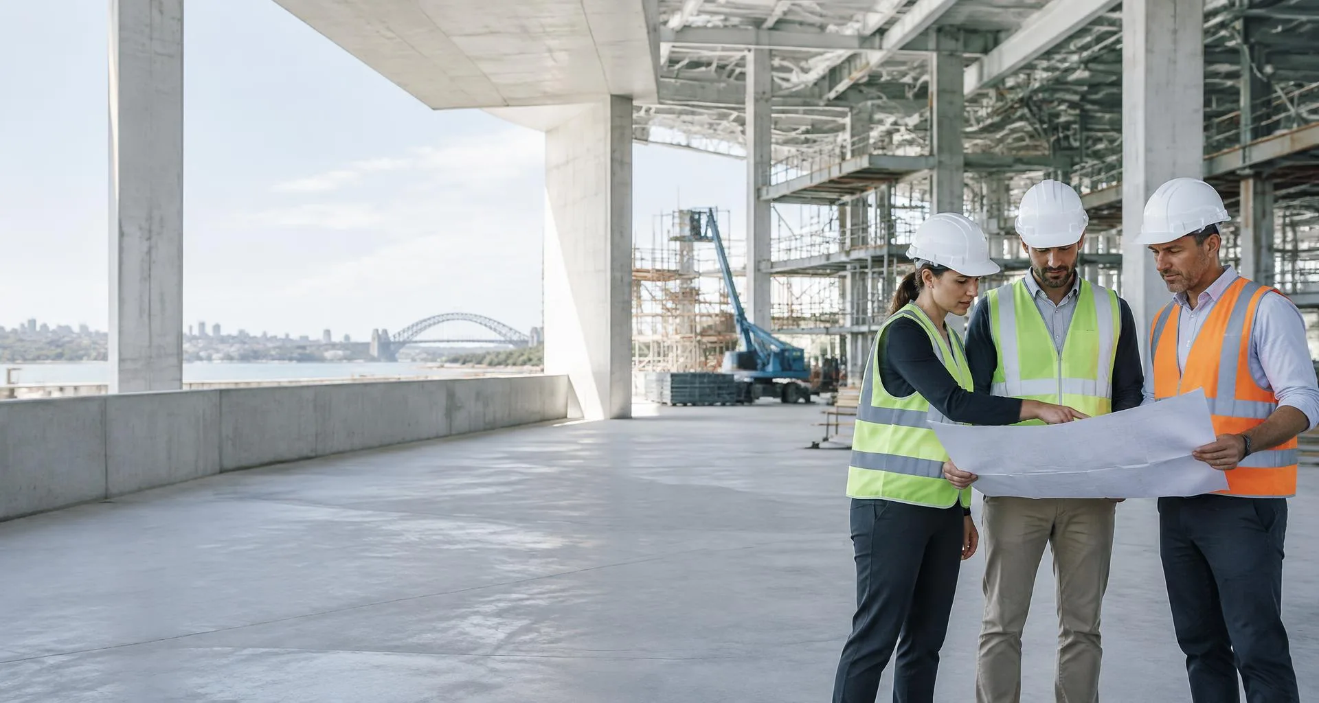 Illustrative construction professionals reviewing a project plan